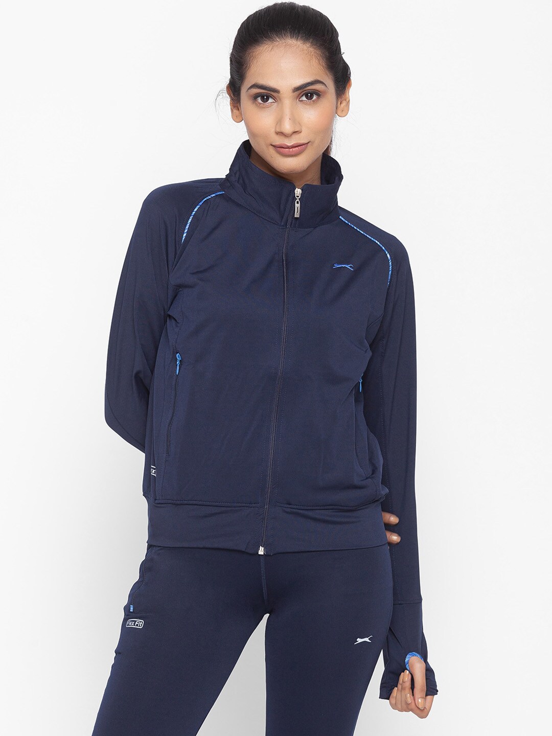 Black Panther Women Navy Blue Checked Lightweight Sporty Jacket Price in India