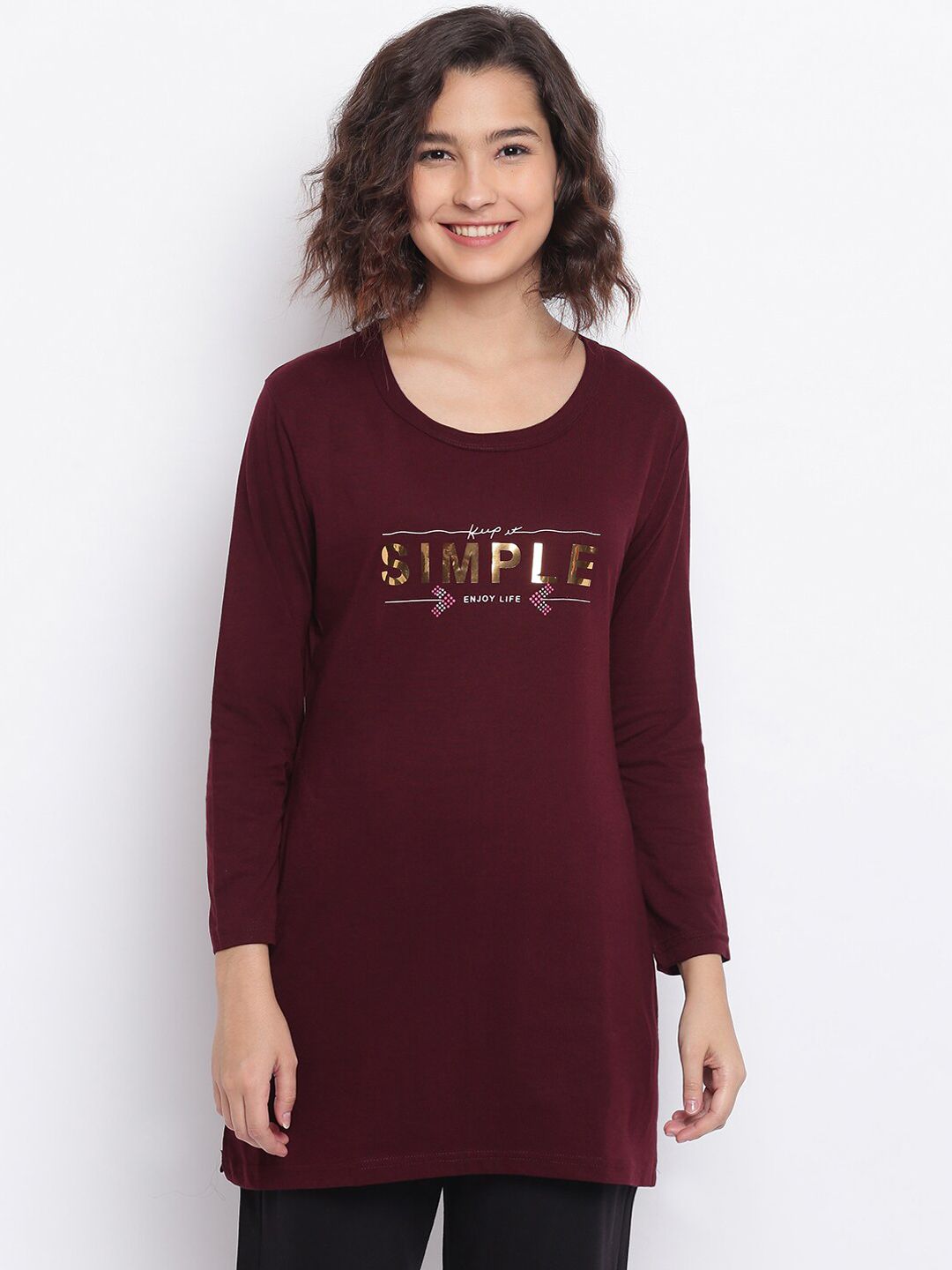 Duchess Women Maroon & Gold Coloured Printed Lounge T-Shirt Price in India