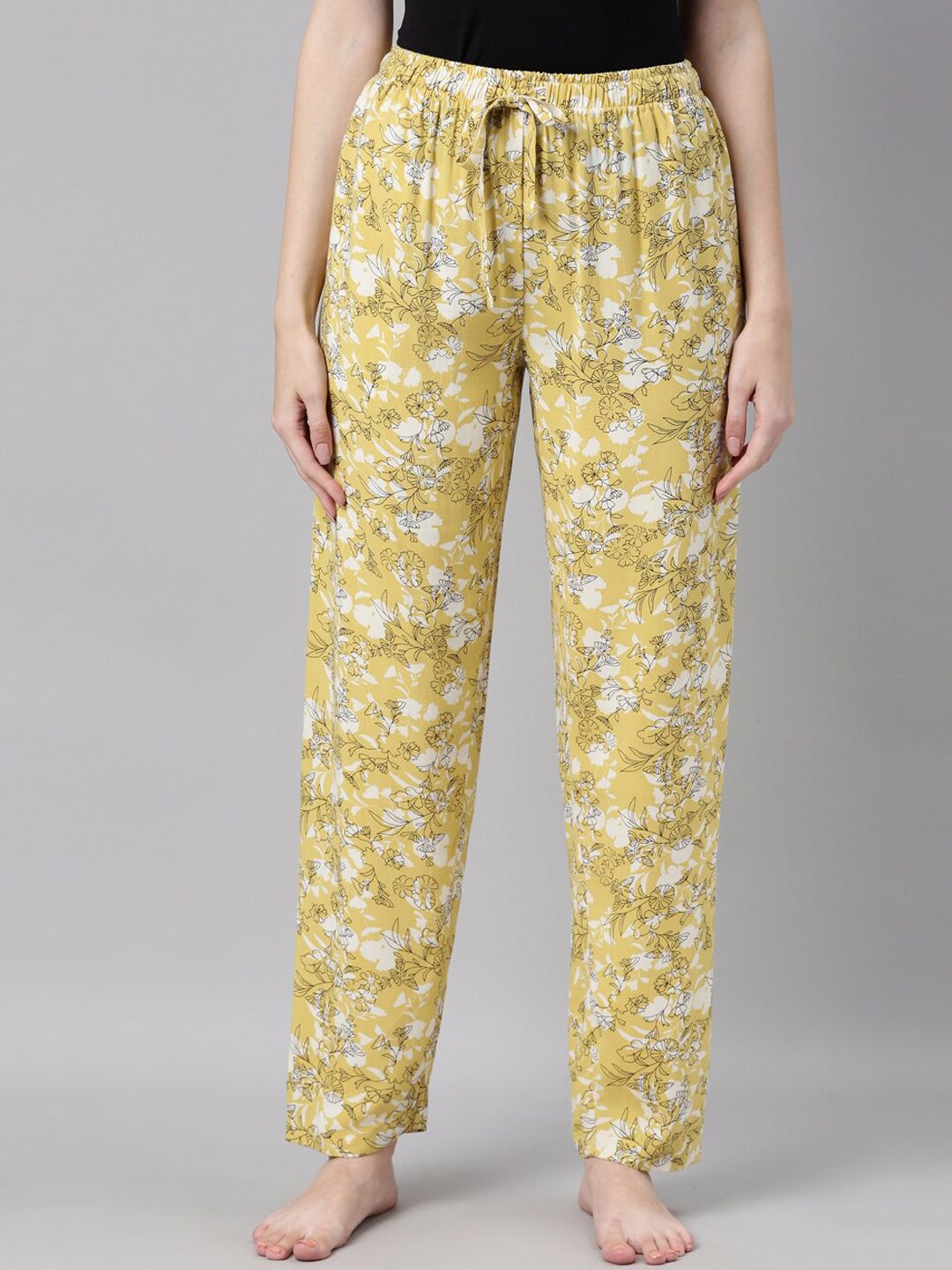 Go Colors Women Yellow & White Printed Cotton Lounge Pants Price in India