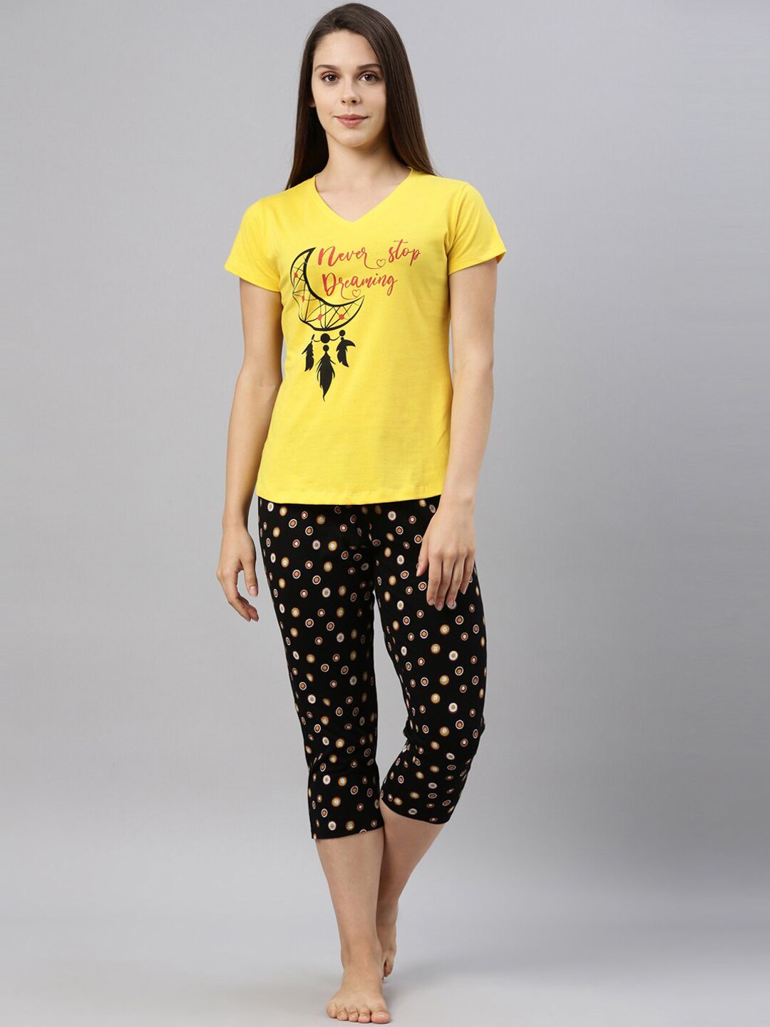 Curare Women Yellow & Black Graphic Pure Cotton Printed Night Suit Price in India