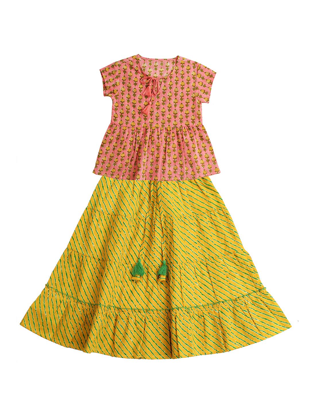 My Little Lambs Girls Yellow & Peach-Coloured Printed Ready to Wear Lehenga & Choli Set
