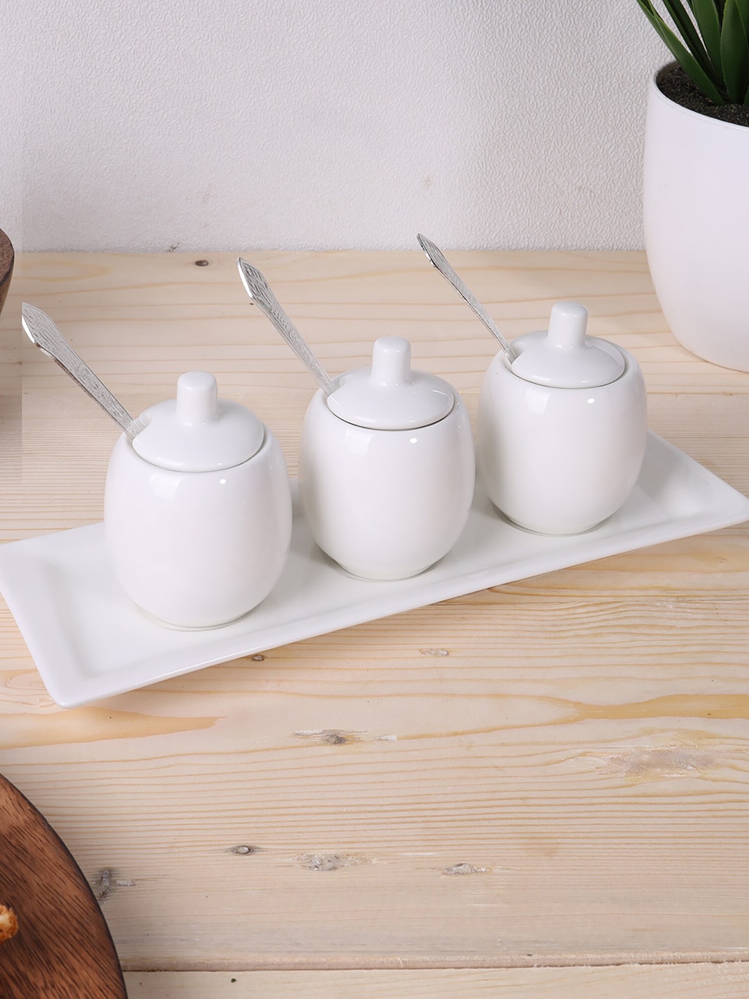 Ariane White Set Of 3 Solid Porcelain Spice Pickle & Pepper Pots With Tray Price in India