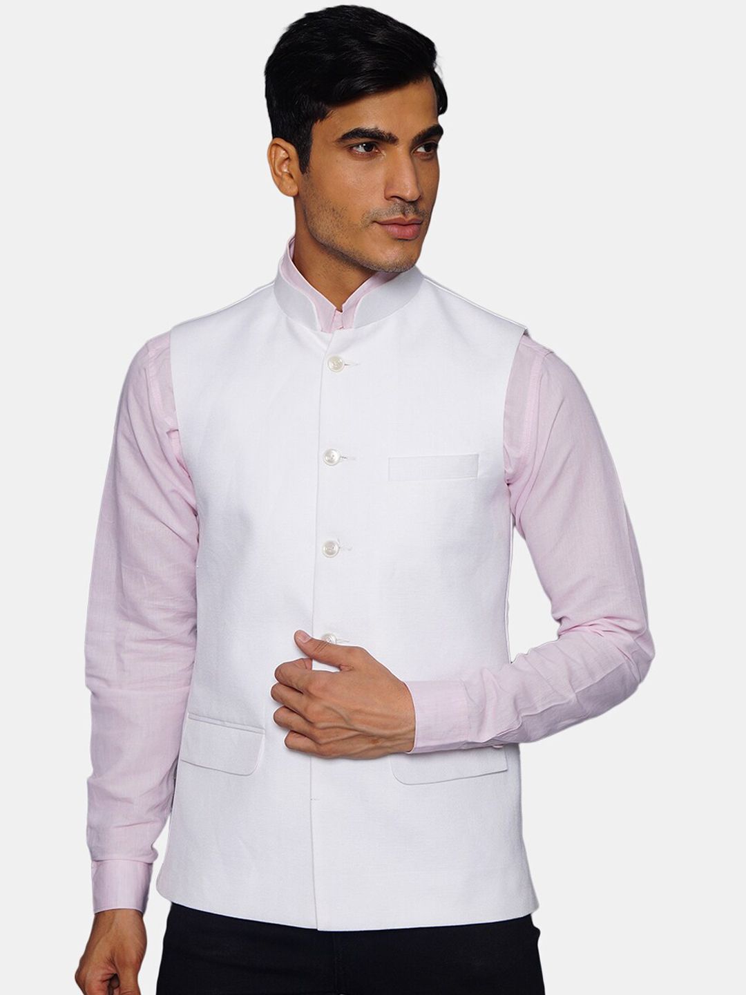 Wintage Men White Solid Woven Nehru Jacket