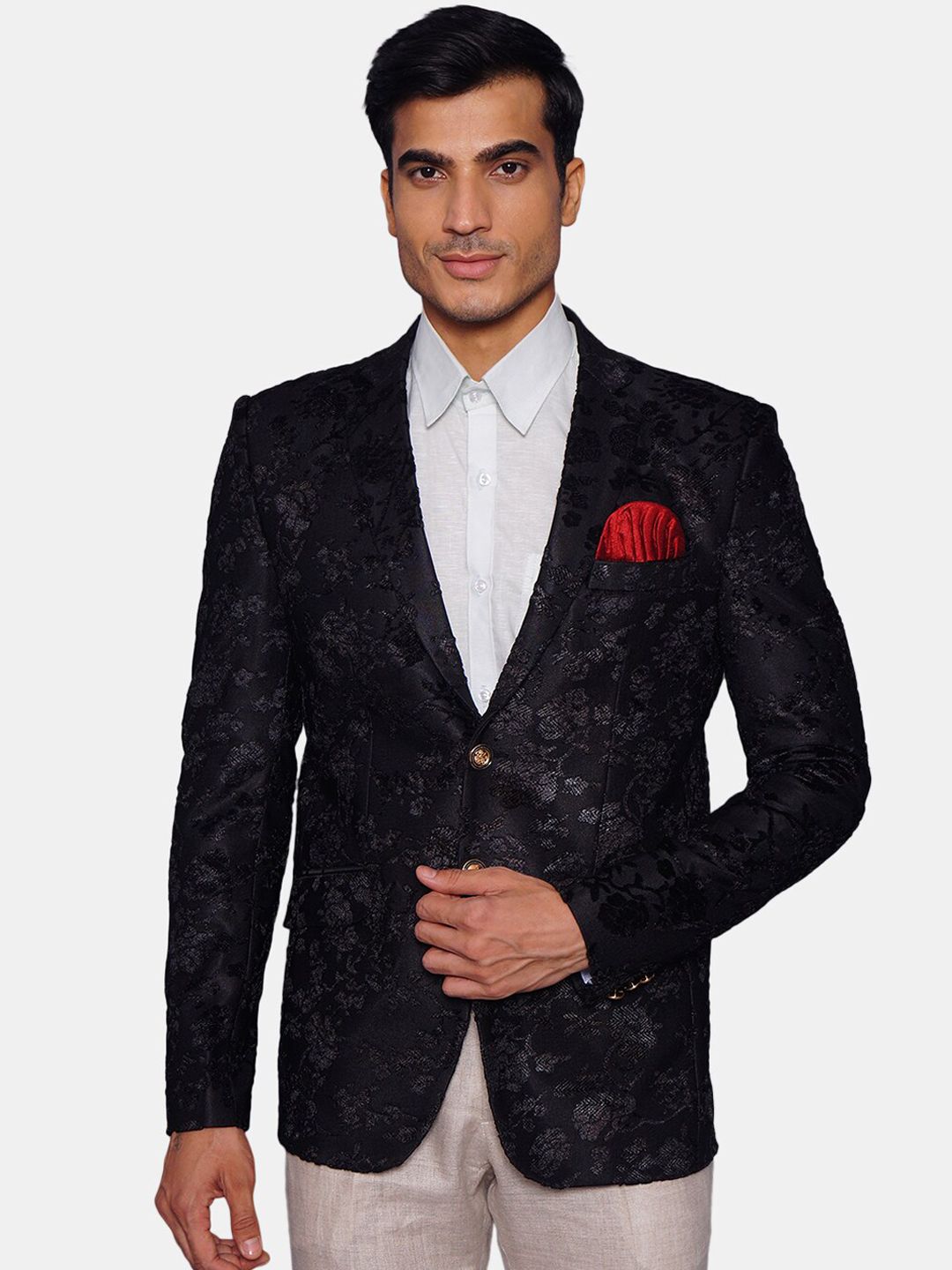 Wintage Men Black Printed Single-Breasted Blazer