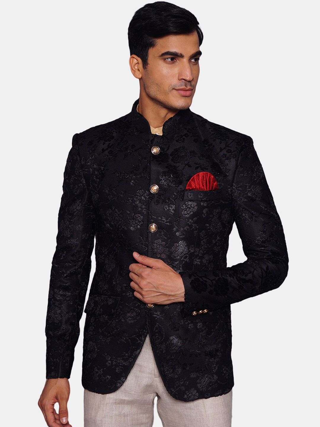 Wintage Men Black Self Design Bandhgala Ethnic Blazer