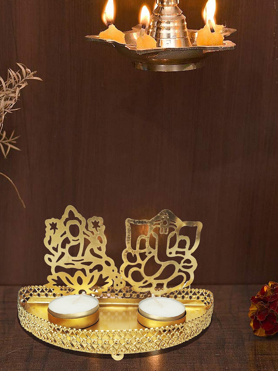 WENS Gold-Toned Laxmi Ganesha Tea Light Candle Holder Price in India