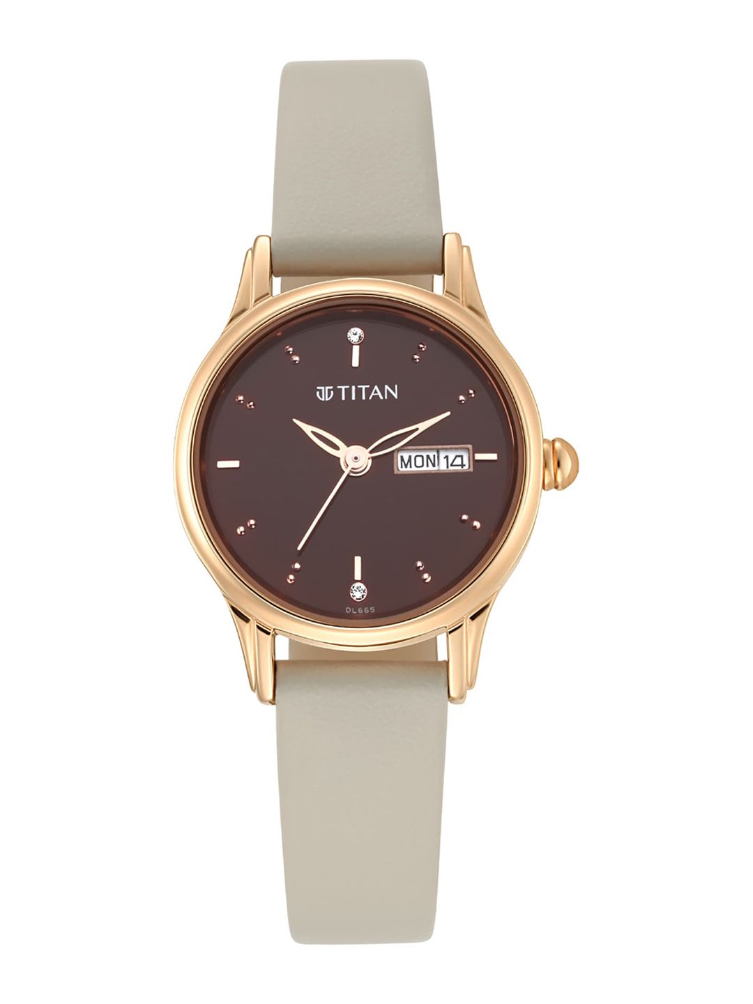Titan Women Brown Brass Embellished Dial & Grey Leather Straps Analogue Watch 2656WL01 Price in India