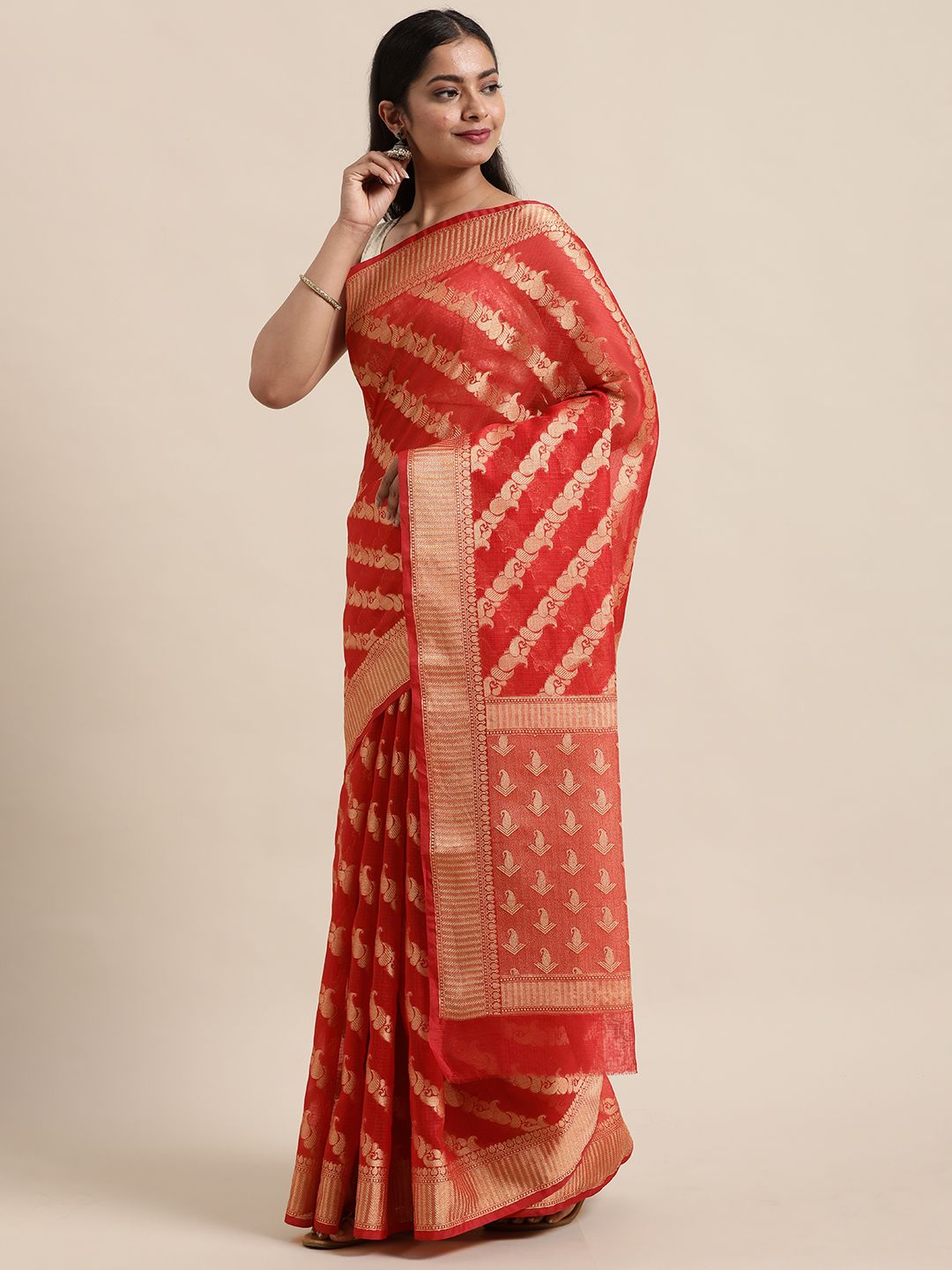 Geroo Jaipur Red Woven Design Zari Silk Blend Saree