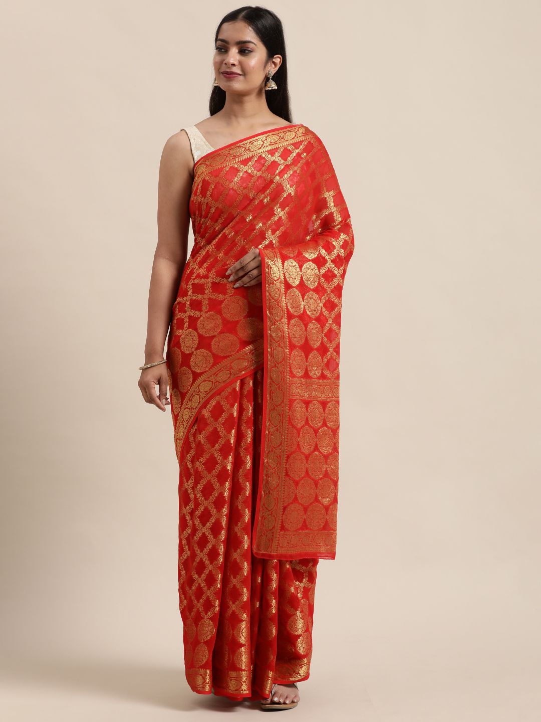 Geroo Jaipur Red & Gold-Toned Woven Design Zari Pure Georgette Saree Price in India