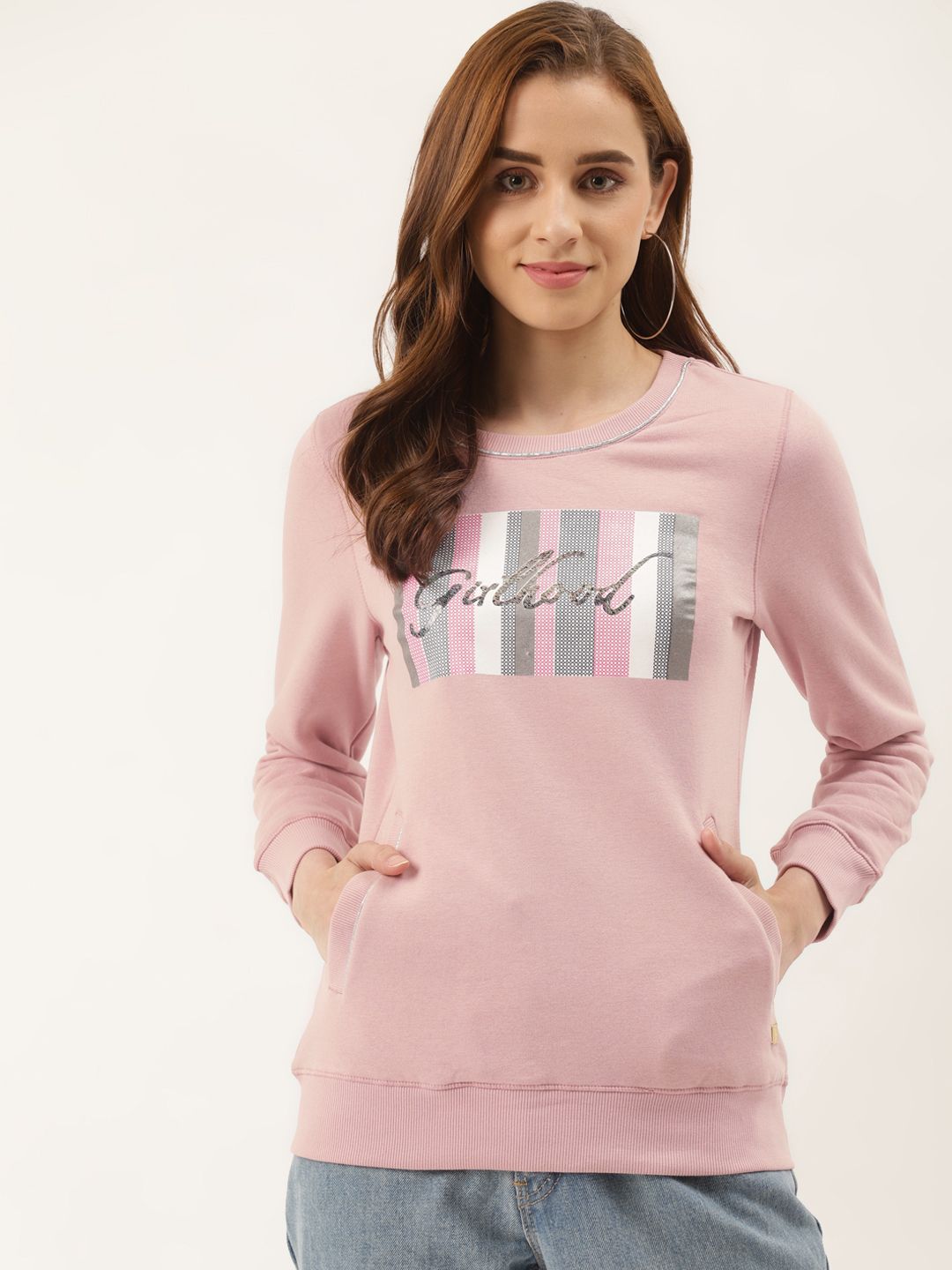 Duke Women Pink & Grey Printed Sweatshirt Price in India