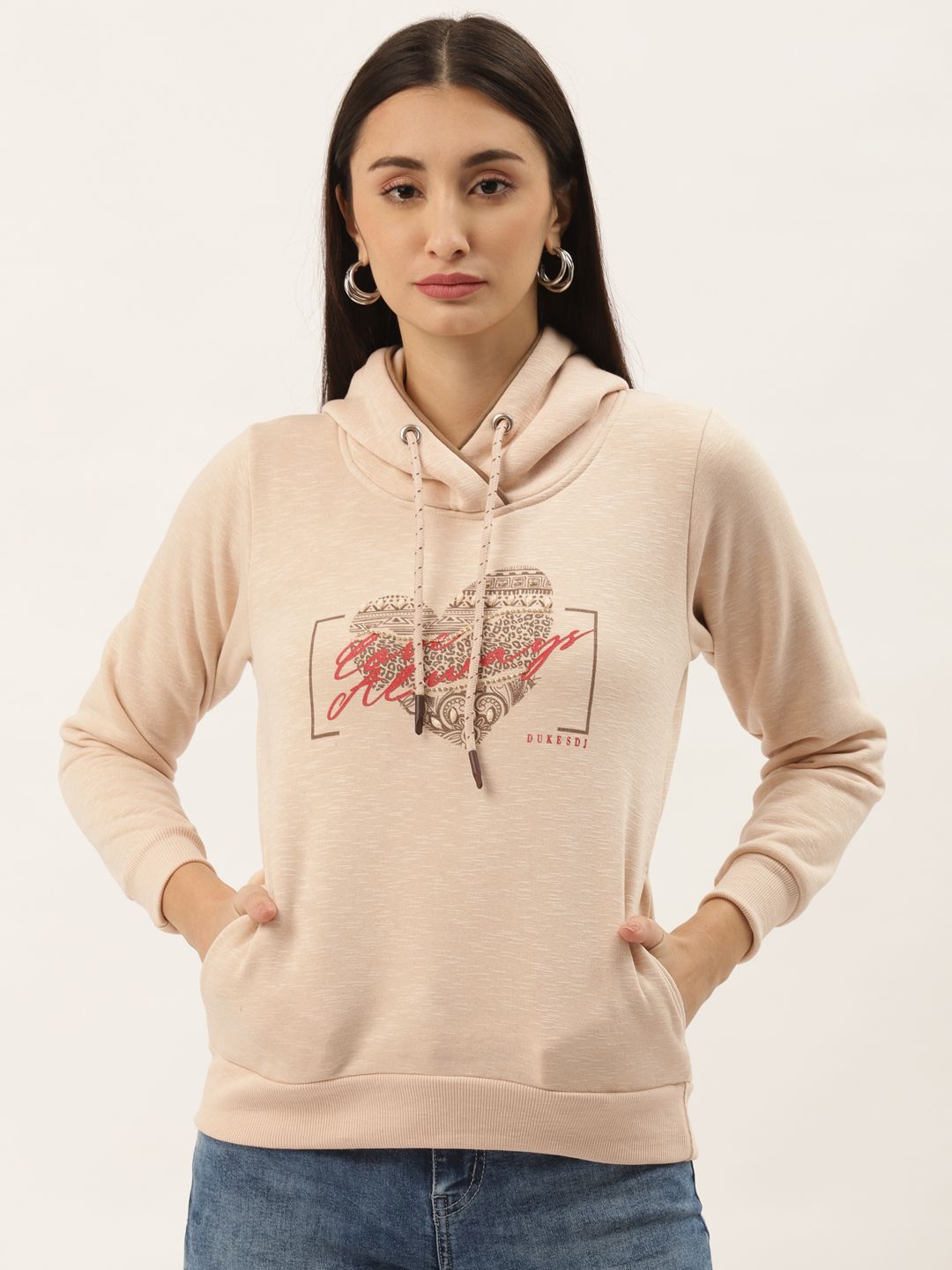 Duke Women Peach-Coloured & Brown Printed Hooded Sweatshirt Price in India