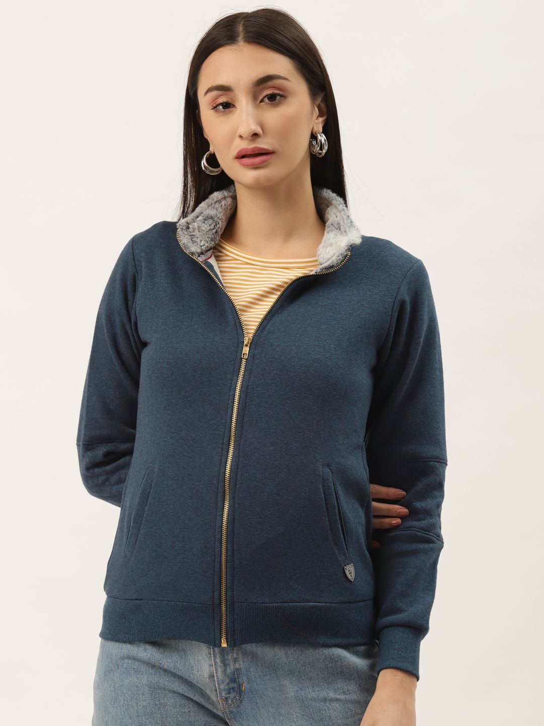 Duke Women Navy Blue Solid Sweatshirt Price in India