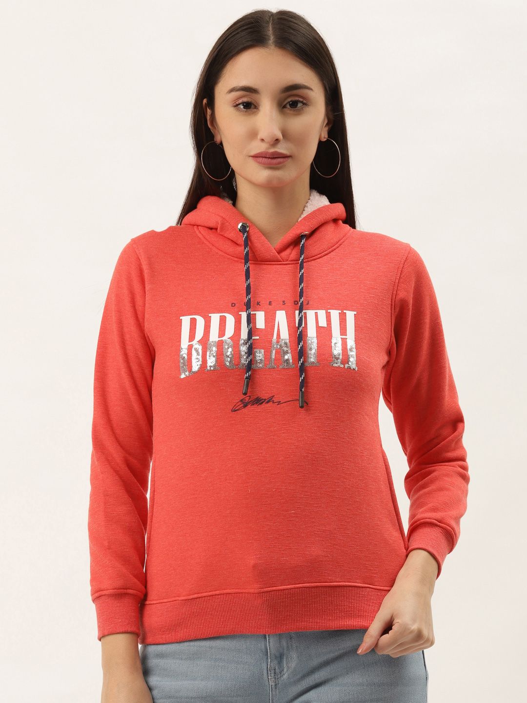 Duke Women Red Printed Typography Printed Hooded Sweatshirt Price in India