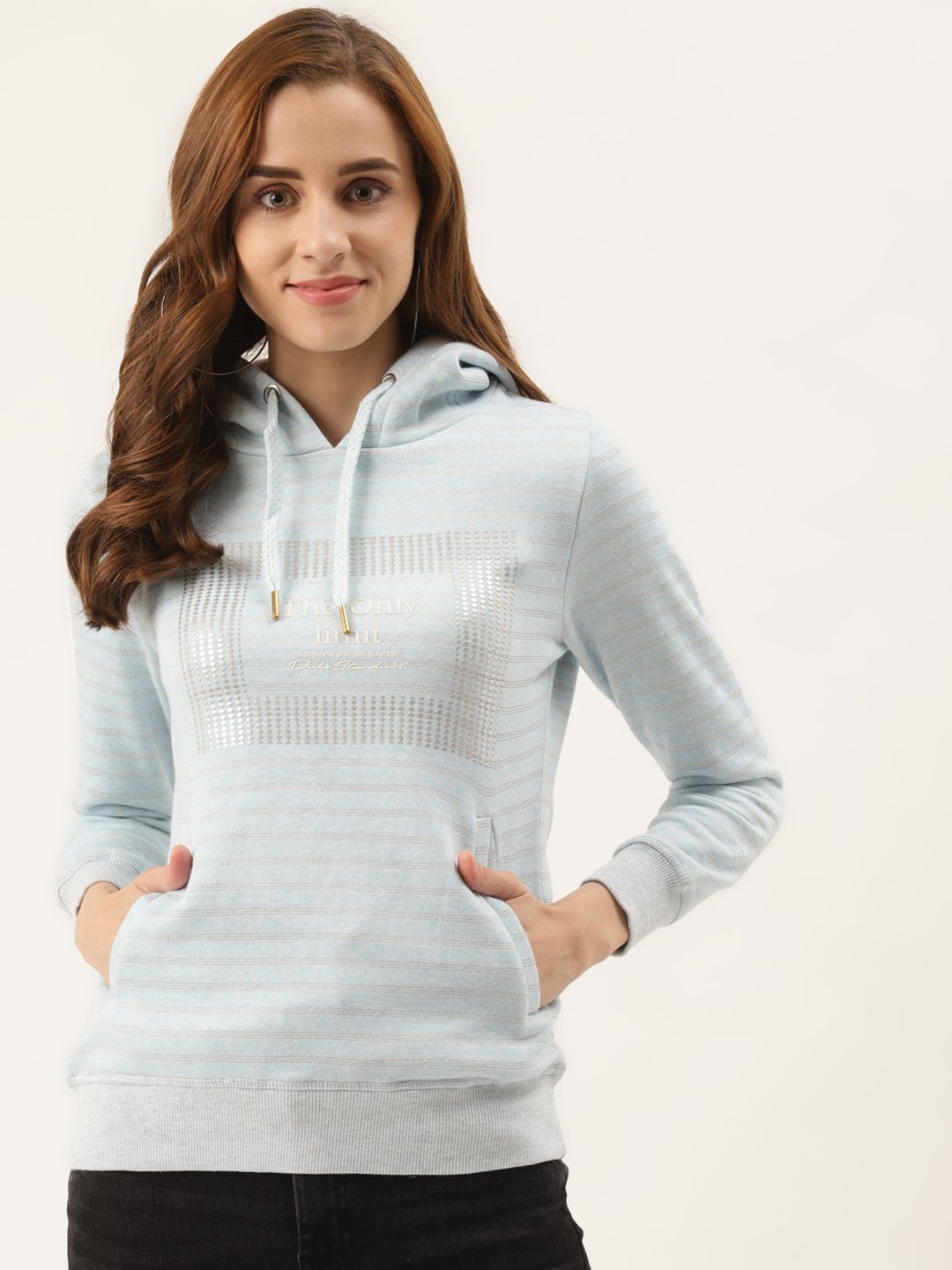 Duke Women Blue & Silver Striped Hooded Sweatshirt Price in India