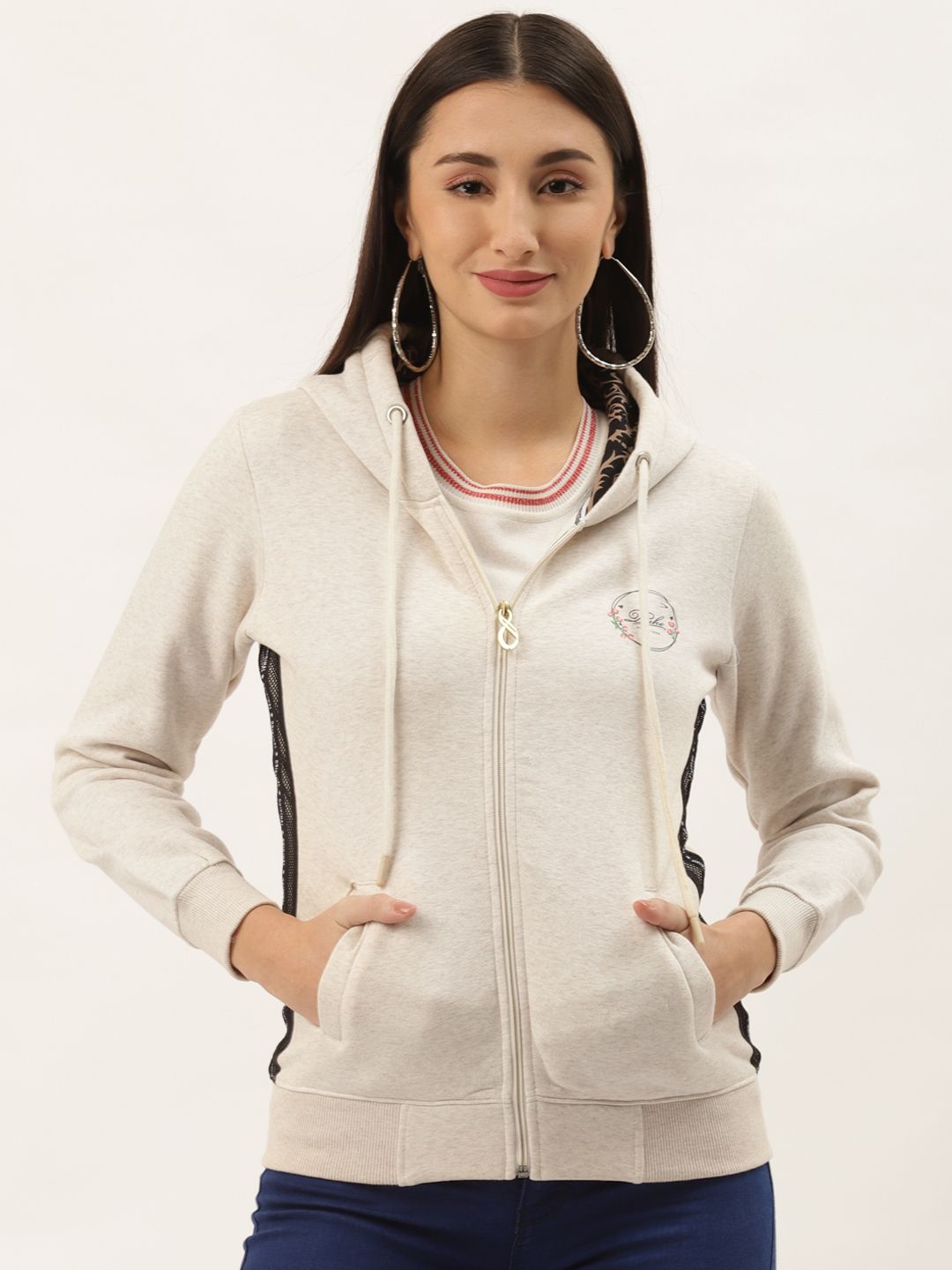 Duke Women Cream-Coloured Printed Hooded Sweatshirt Price in India