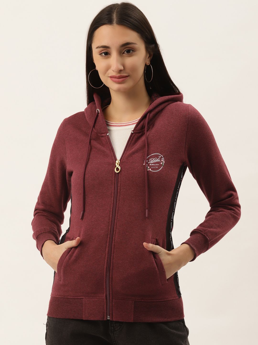 Duke Women Maroon Solid Hooded Sweatshirt Price in India