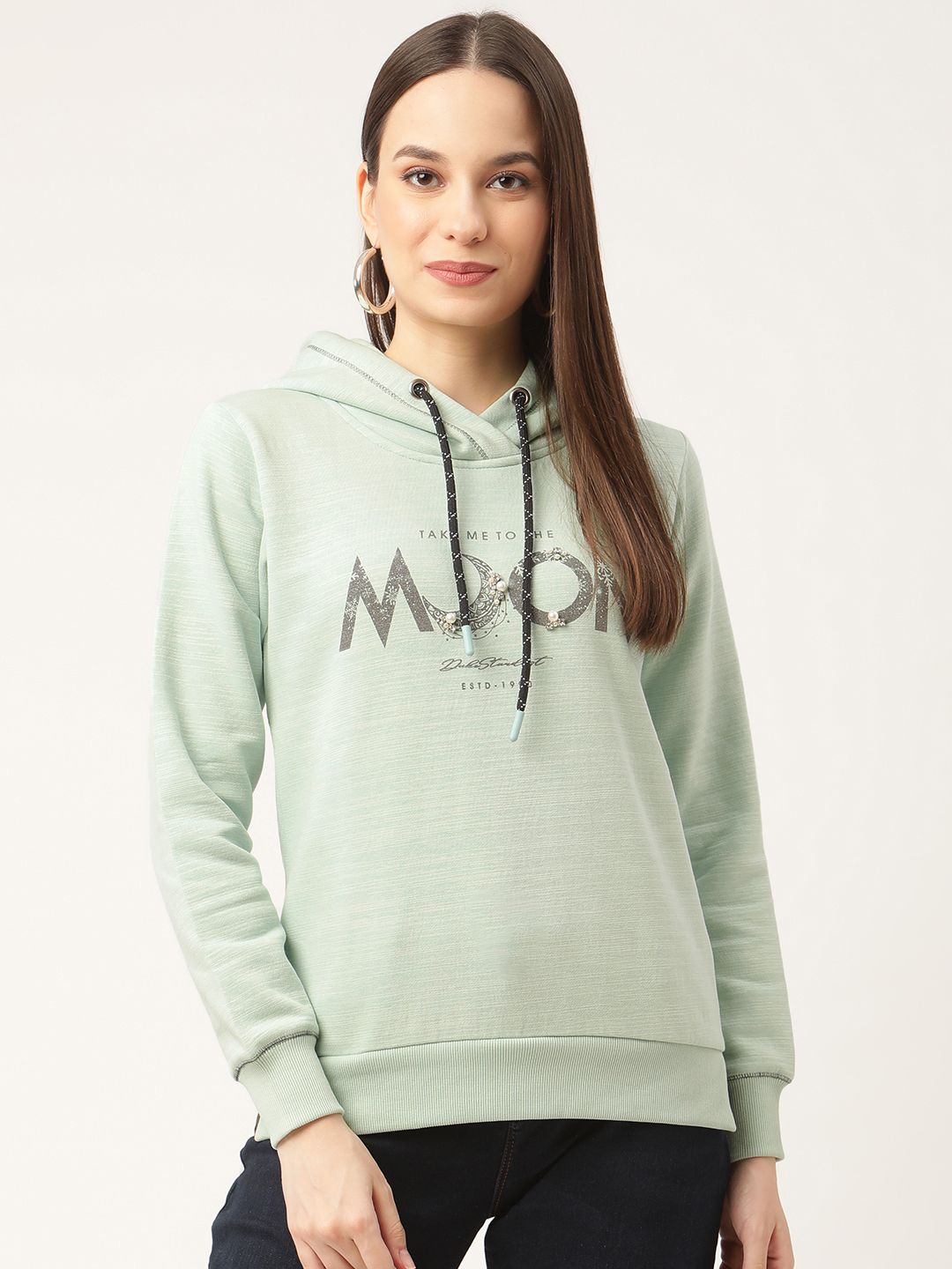 Duke Women Green Printed Hooded Sweatshirt Price in India