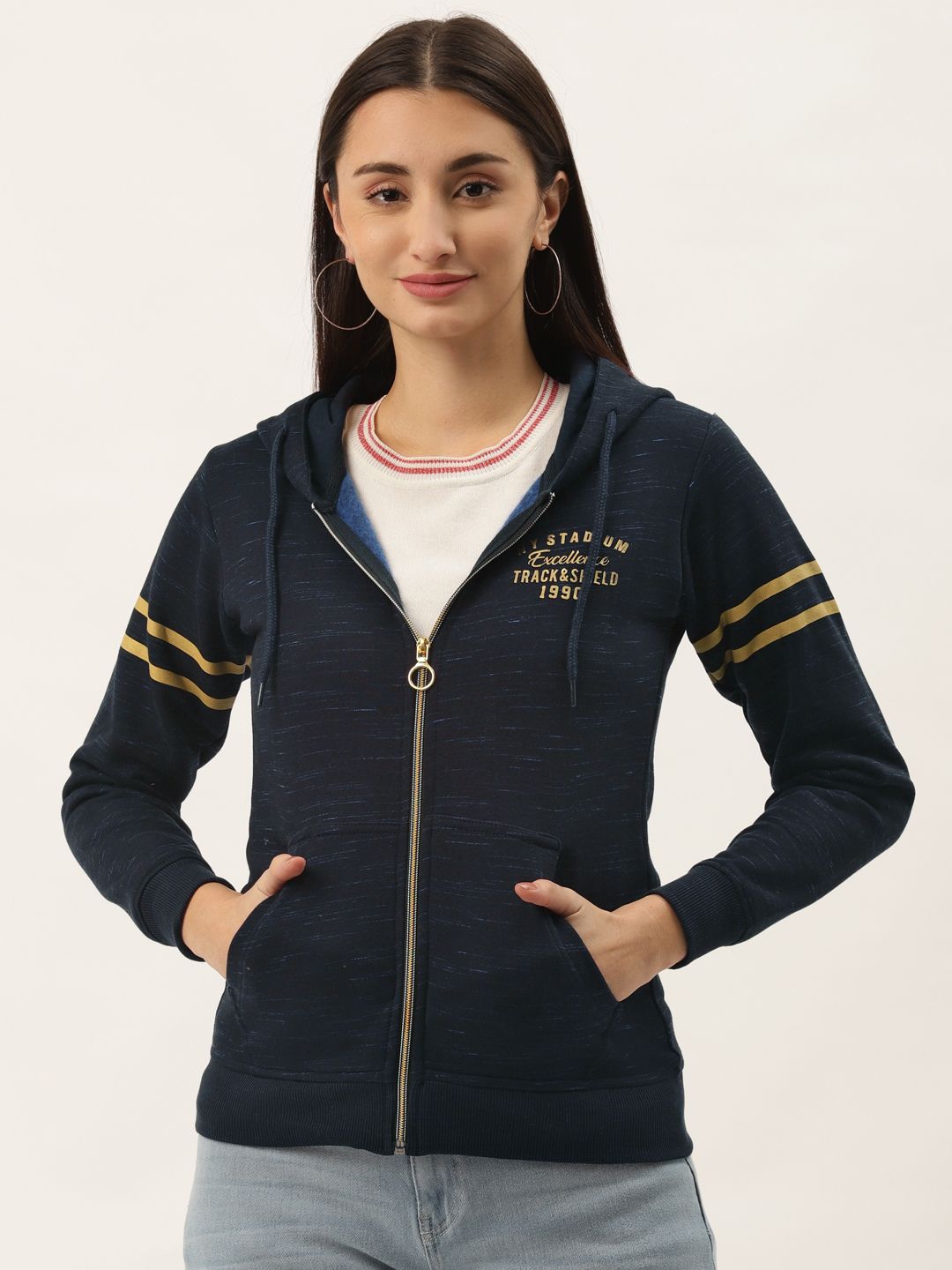 Duke Women Navy Blue Printed Hooded Sweatshirt Price in India