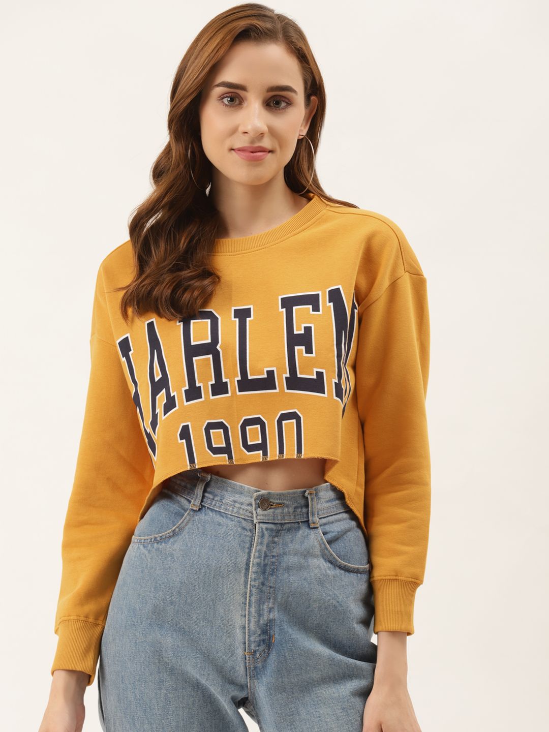 Duke Women Mustard Yellow & Navy Blue Printed High-Low Sweatshirt Price in India