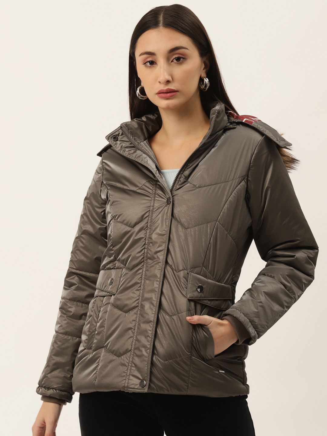 Duke Women Olive Brown Solid Parka Jacket with Detachable Hood Price in India