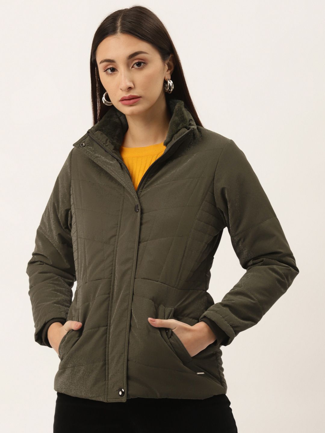 Duke Women Olive Green Solid Padded Jacket Price in India