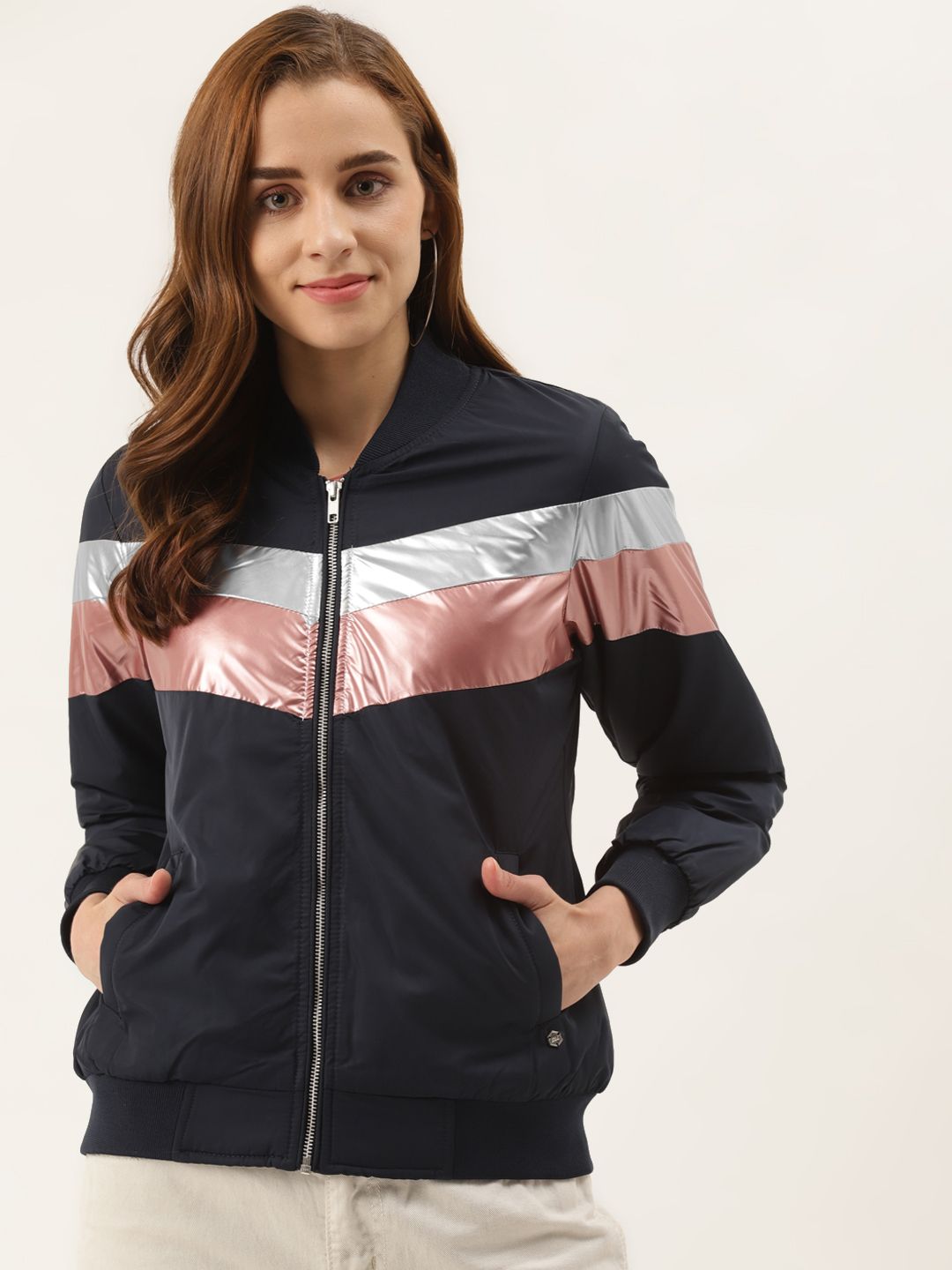 Duke Women Navy Blue Pink Striped Bomber Jacket Price in India