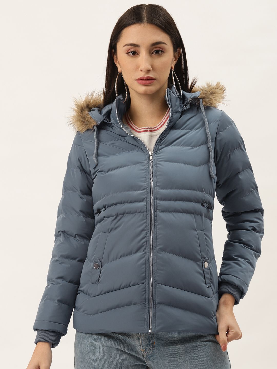 Duke Women Blue Solid Parka Jacket with Detachable hood Price in India