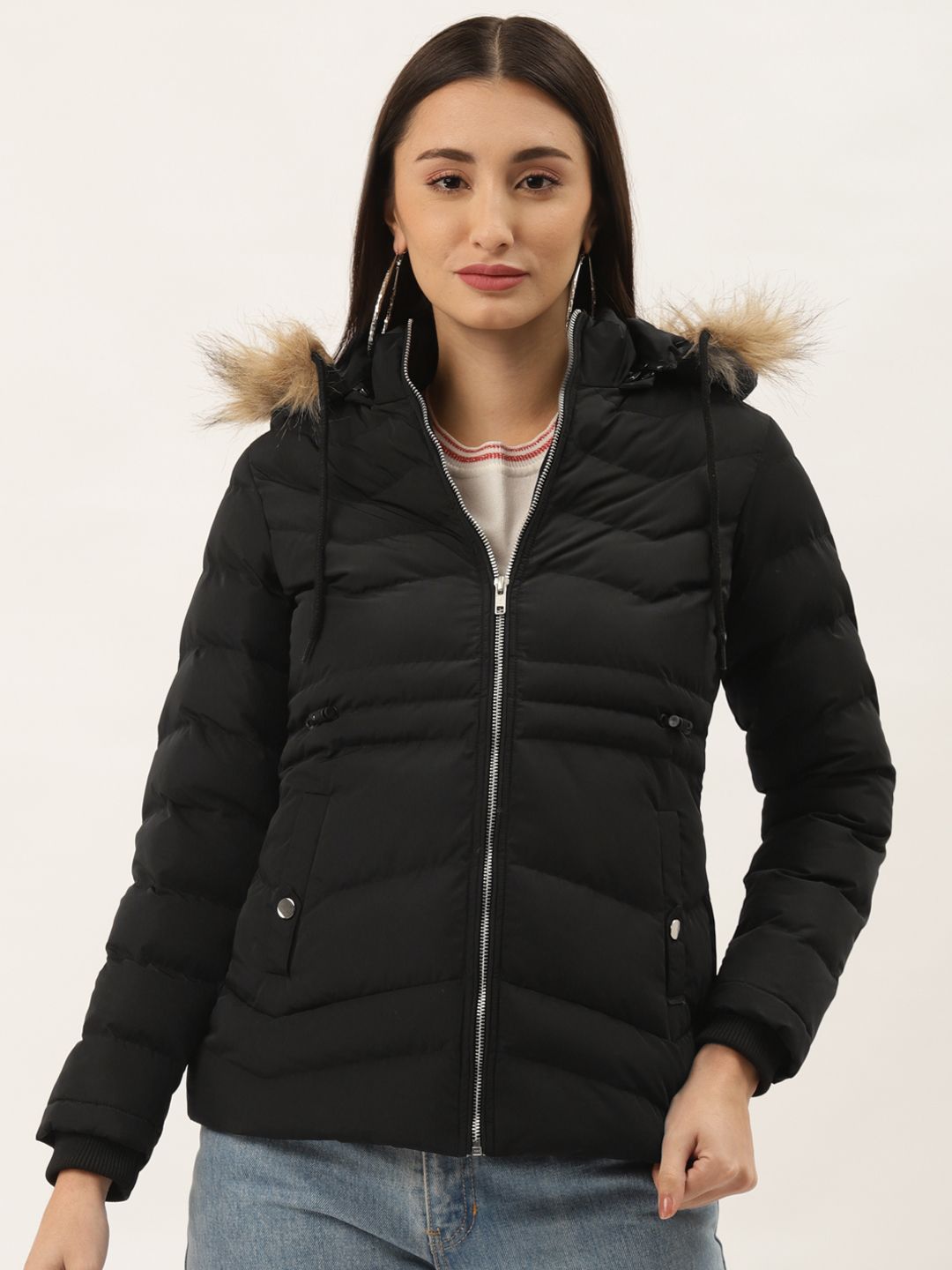 Duke Women Black Solid Parka Jacket with Detachable Hood Price in India