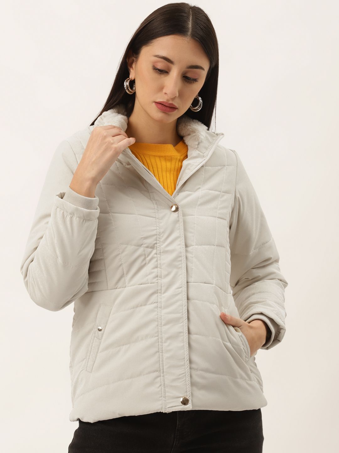 Duke Women White Padded Jacket with Faux Fur trim Price in India