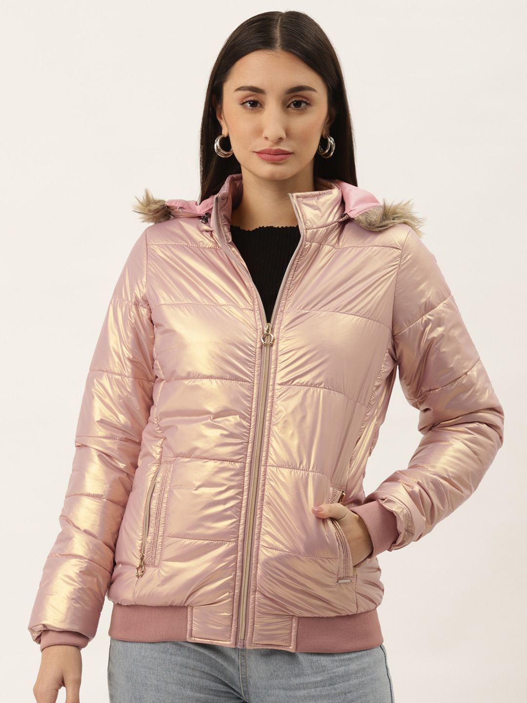 Duke Women Pink Solid Parka Jacket with Detachable Hood Price in India