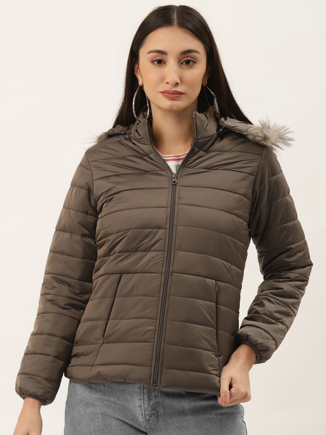 Duke Women Brown Solid Parka Jacket with Detachable Hood Price in India
