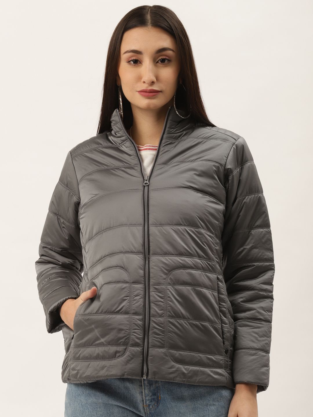Duke Women Grey Solid Padded Jacket Price in India