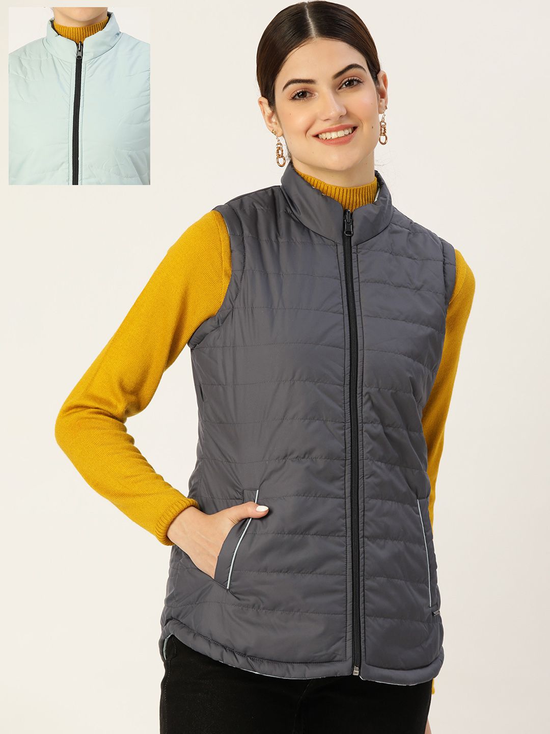 Duke Women Navy Blue Solid Reversible Padded Jacket Price in India