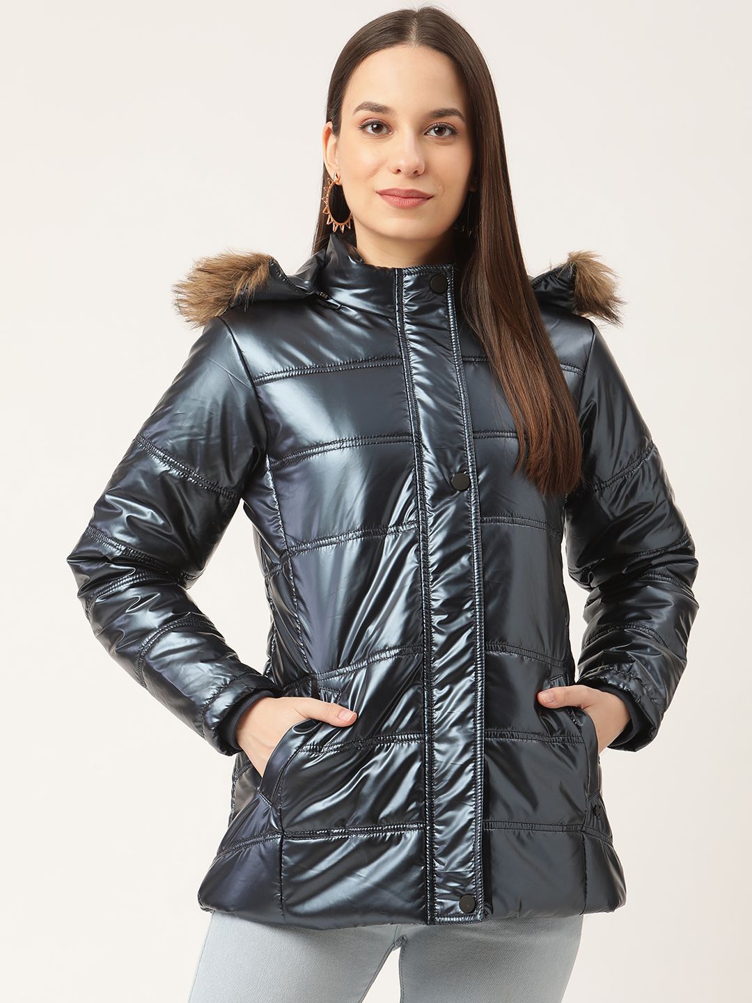 Duke Women Navy Blue Solid Parka Jacket with Detachable Hood Price in India
