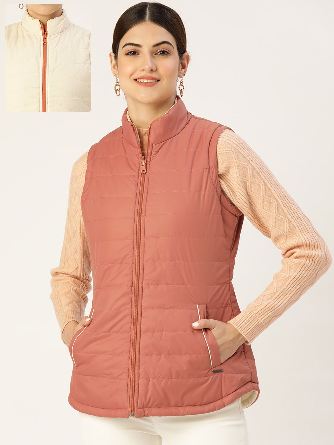 Duke Women Peach Coloured Solid Reversible Padded Jacket Price in India