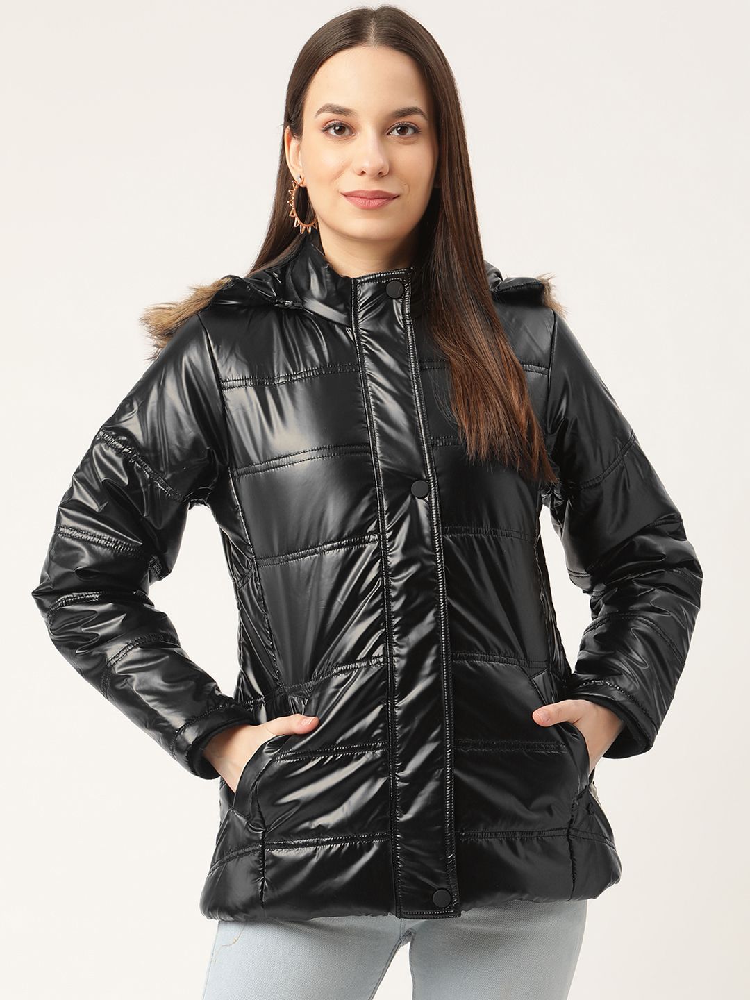 Duke Women Black Solid Parka Jacket with Detachable Hood Price in India