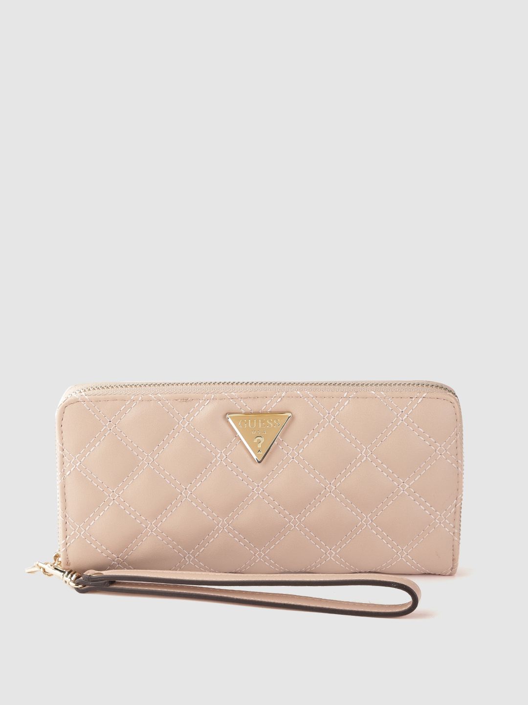 GUESS Women Peach-Coloured Quilted Zip Around Wallet with Wrist Loop Price in India
