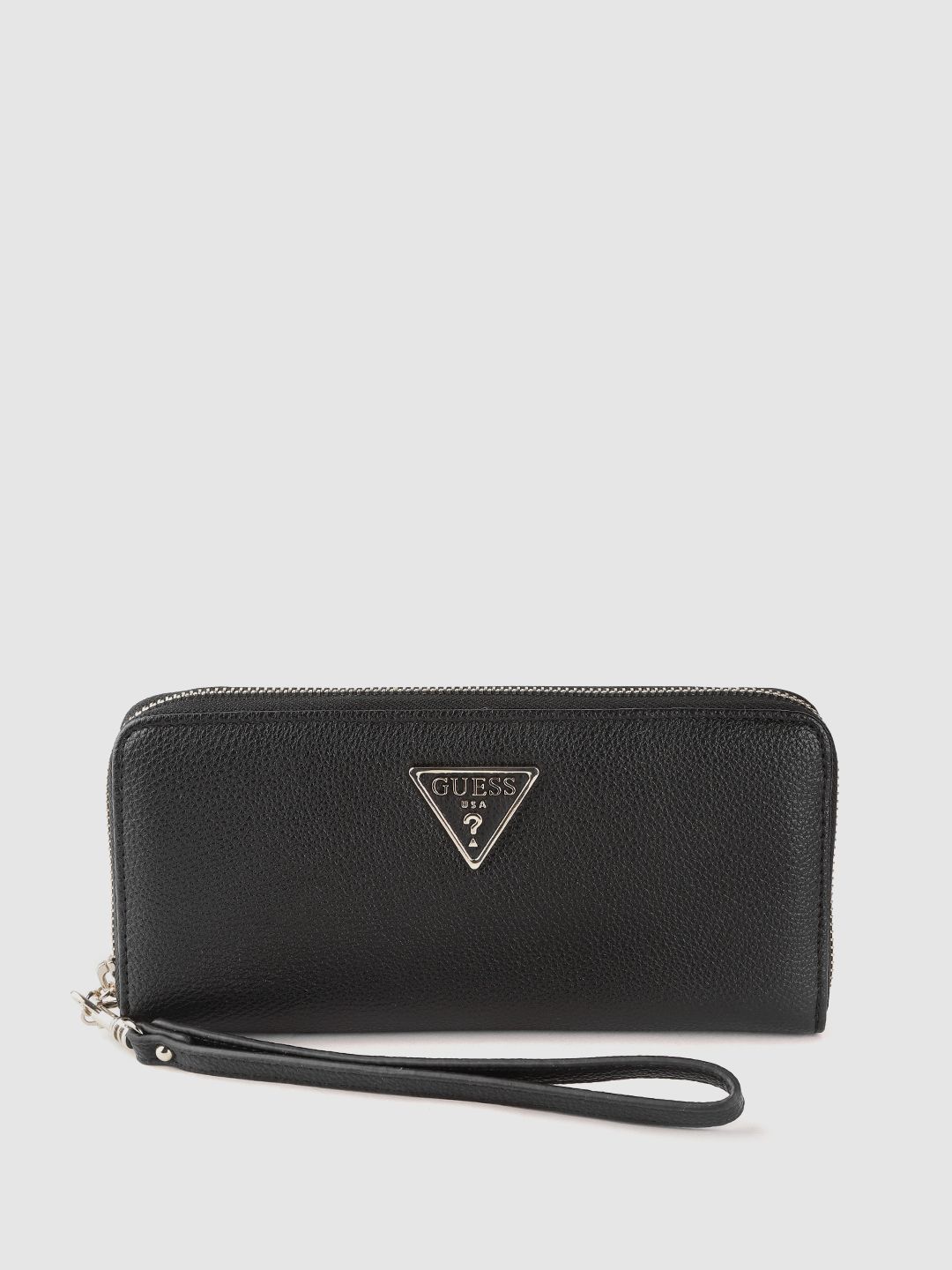 GUESS Women Black Saffiano Effect Zip Around Wallet with Wrist Loop Price in India