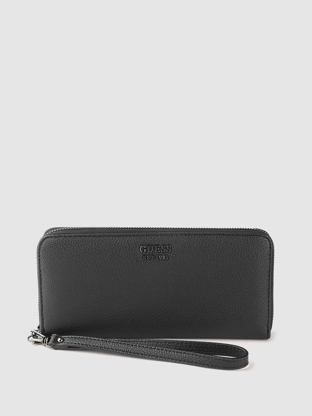 GUESS Women Black Solid Zip Around Wallet with Wrist Loop Price in India