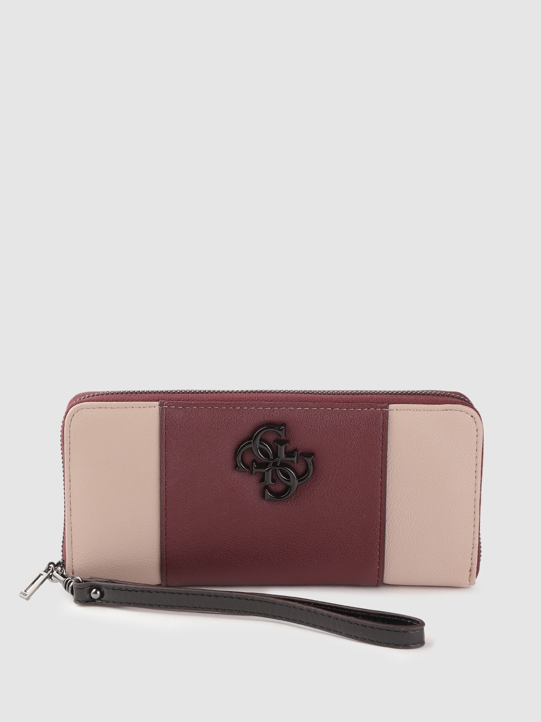 GUESS Women Burgundy & Nude-Coloured Colourblocked Zip Around Wallet Price in India