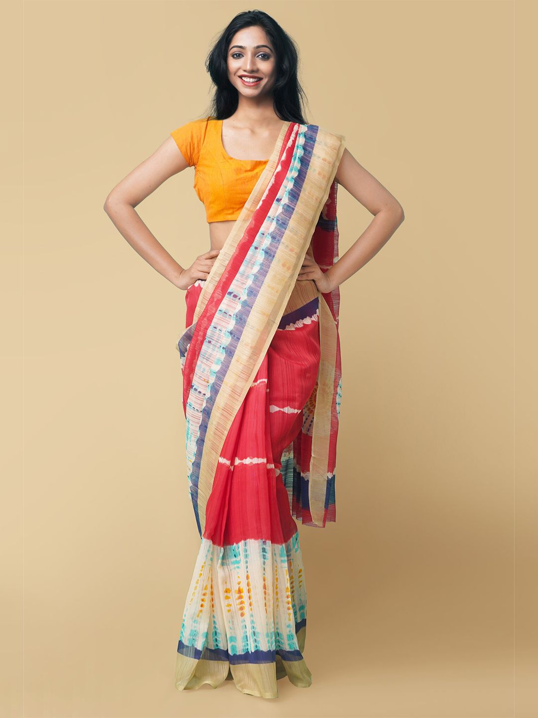 Unnati Silks Red & Beige Linen Blend Jamdani Sustainable Saree