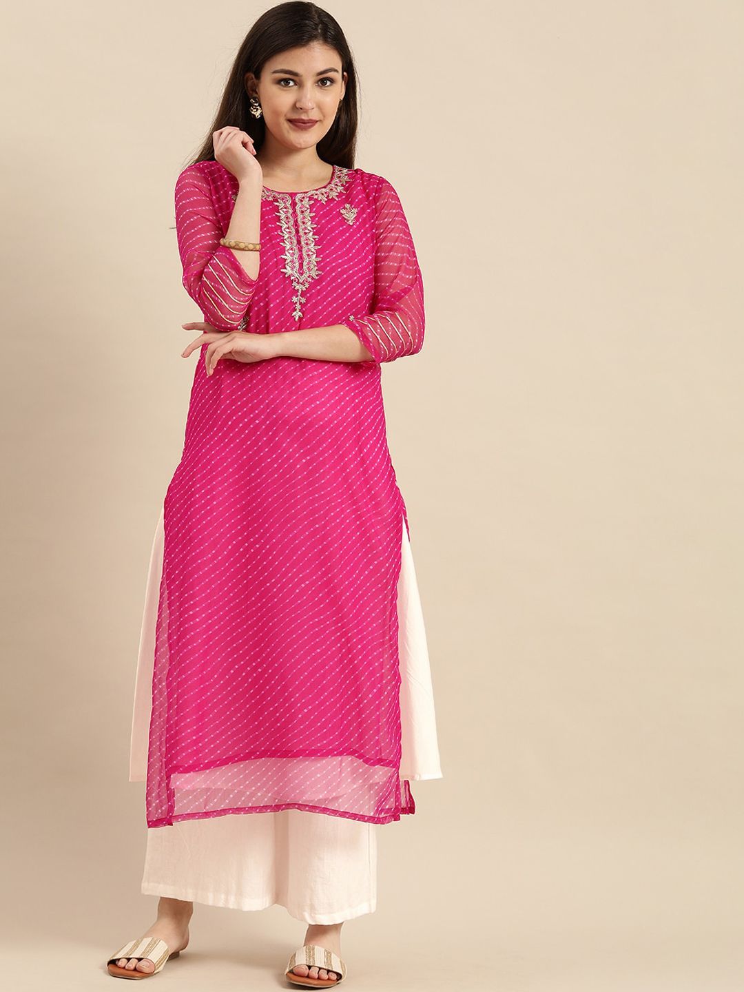 Varanga Women Pink Leheriya Embellished Kurta Price in India