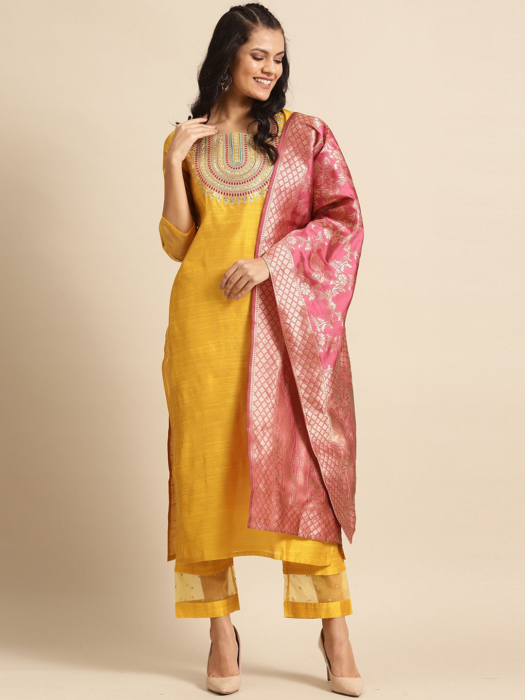 Varanga Mustard Yellow Ethnic Motifs Embroidered Kurta with Palazzos & With Dupatta Price in India