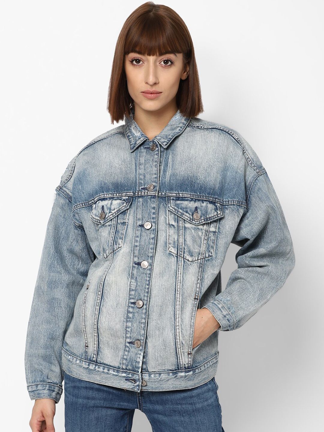AMERICAN EAGLE OUTFITTERS Women Blue Washed Denim Jacket Price in India