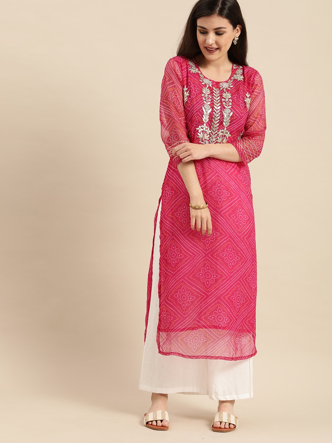 Varanga Women Pink Ethnic Motifs Embroidered Georgette Kurta Price in India