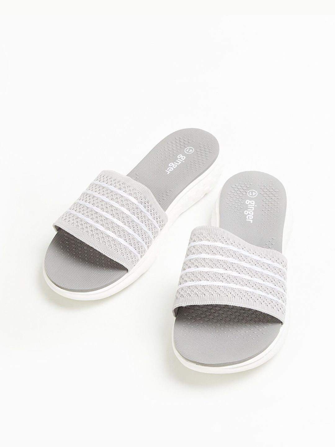 Ginger by Lifestyle Women Grey & White Striped Sliders Price in India