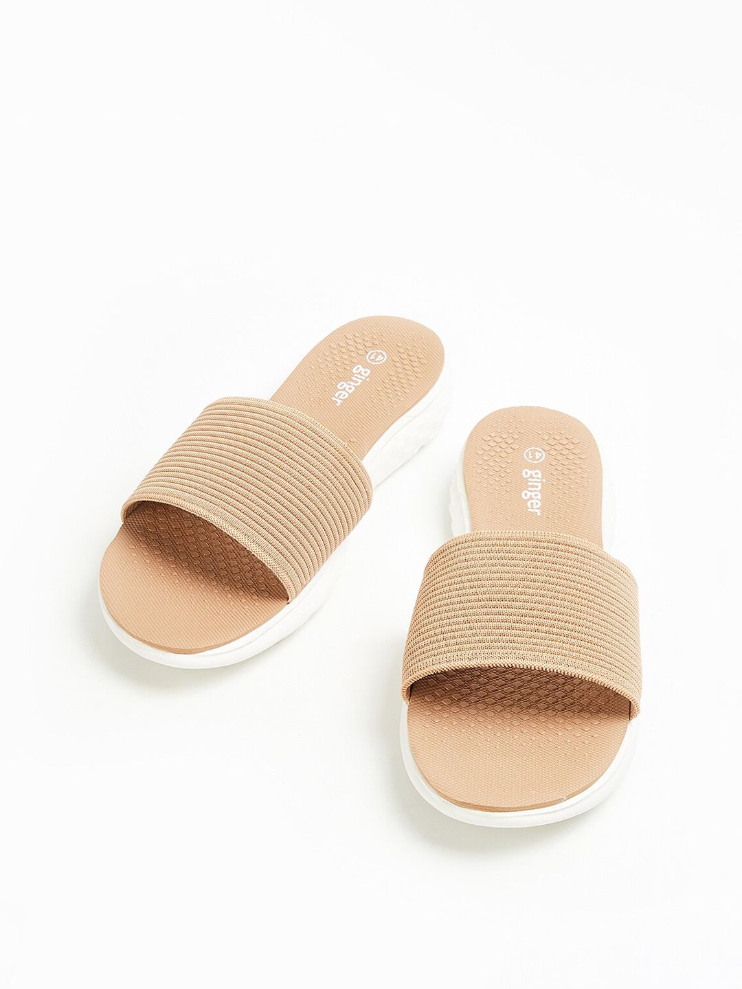 Ginger by Lifestyle Women Beige & White Striped Fabric Sliders Price in India