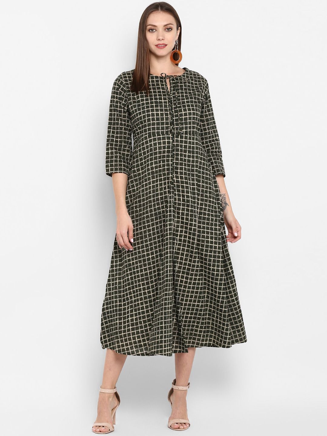ZOEYAMS Green & Beige Checked Tie-Up Neck Cotton Ethnic A-Line Midi Dress