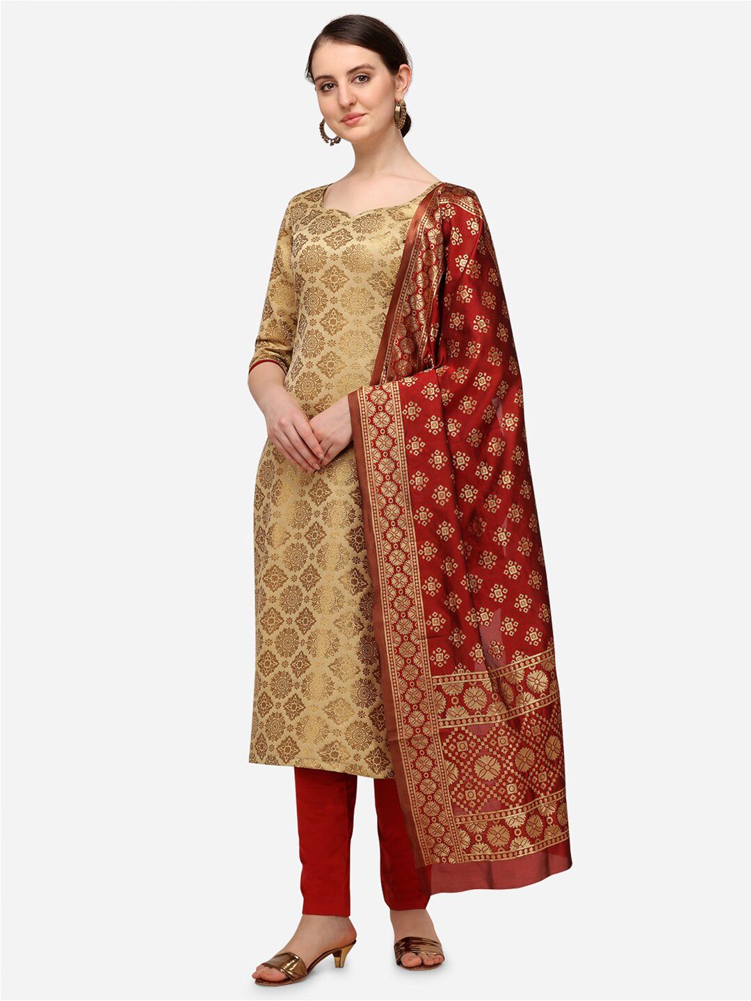 Iris Beige & Maroon Woven Design Banarasi Jacquard Unstitched Dress Material Price in India