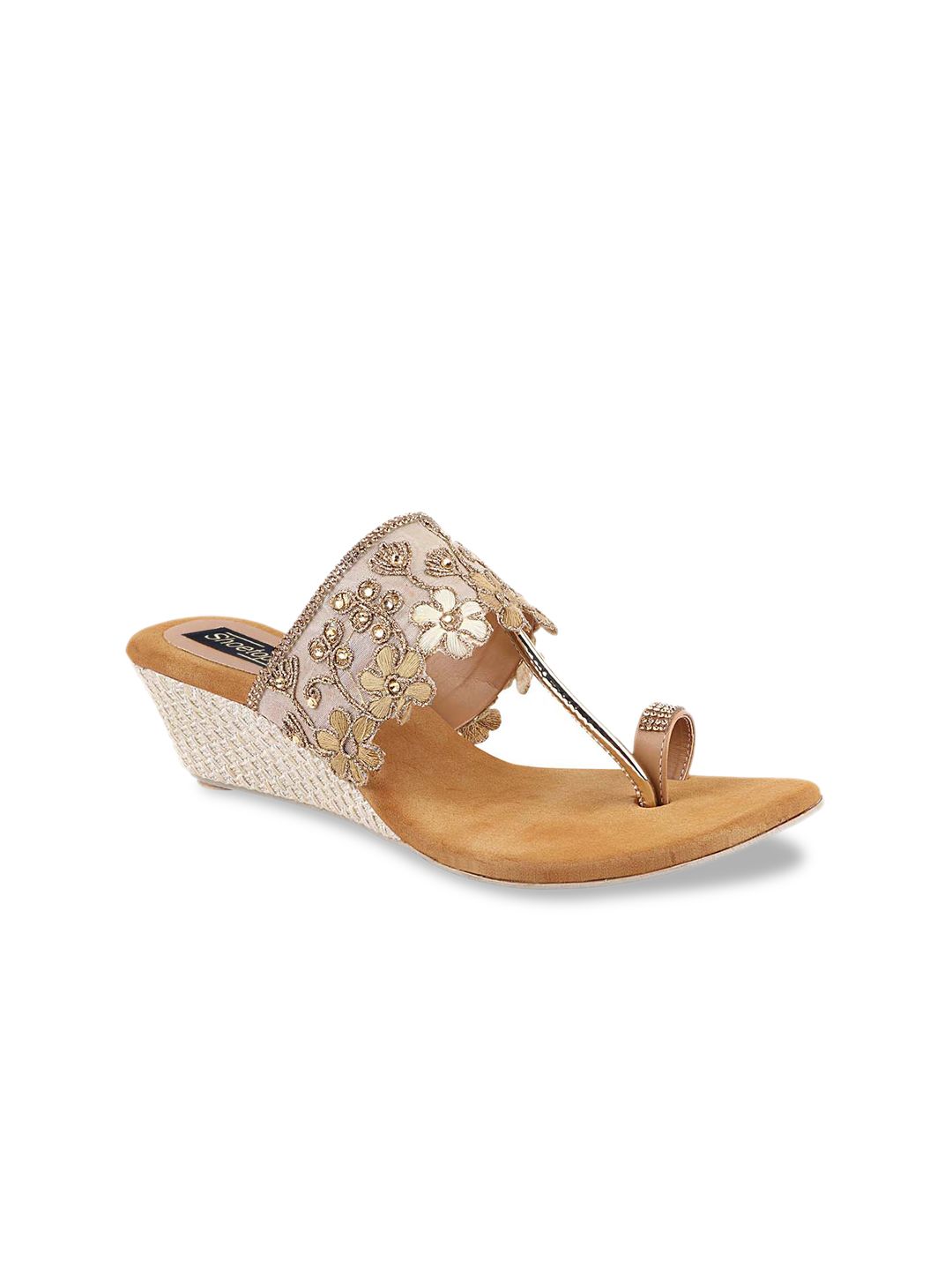 Shoetopia Beige & Gold-Toned Embellished Ethnic Wedge Sandals Price in India